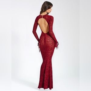 - 💋 Waylynn Burgundy Burnout Velvet Detail Mesh Backless Maxi Dress…
